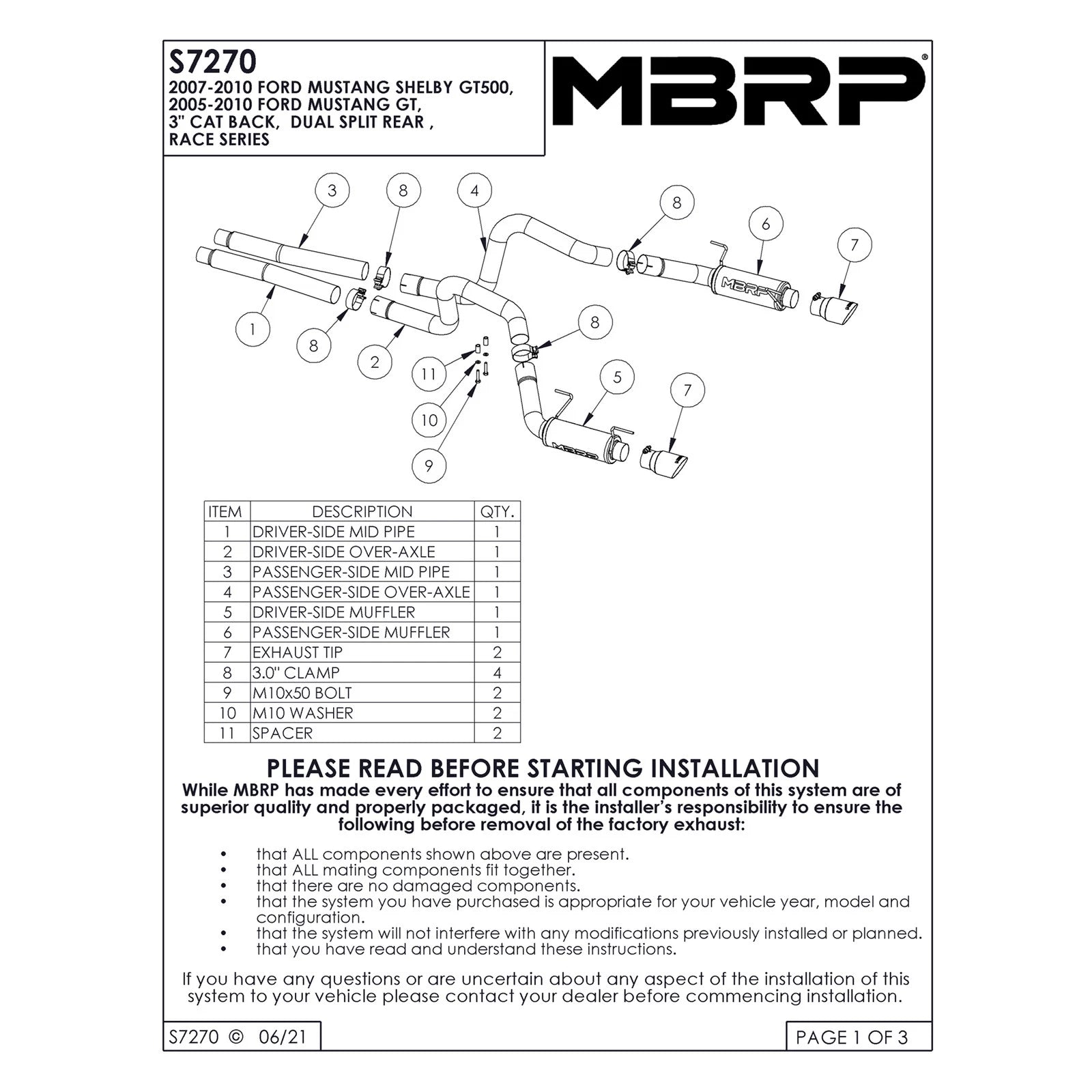 MBRP 05-09 Ford Shelby GT500 / GT Dual Split Rear Race Version, T409 4in Tips Exhaust System