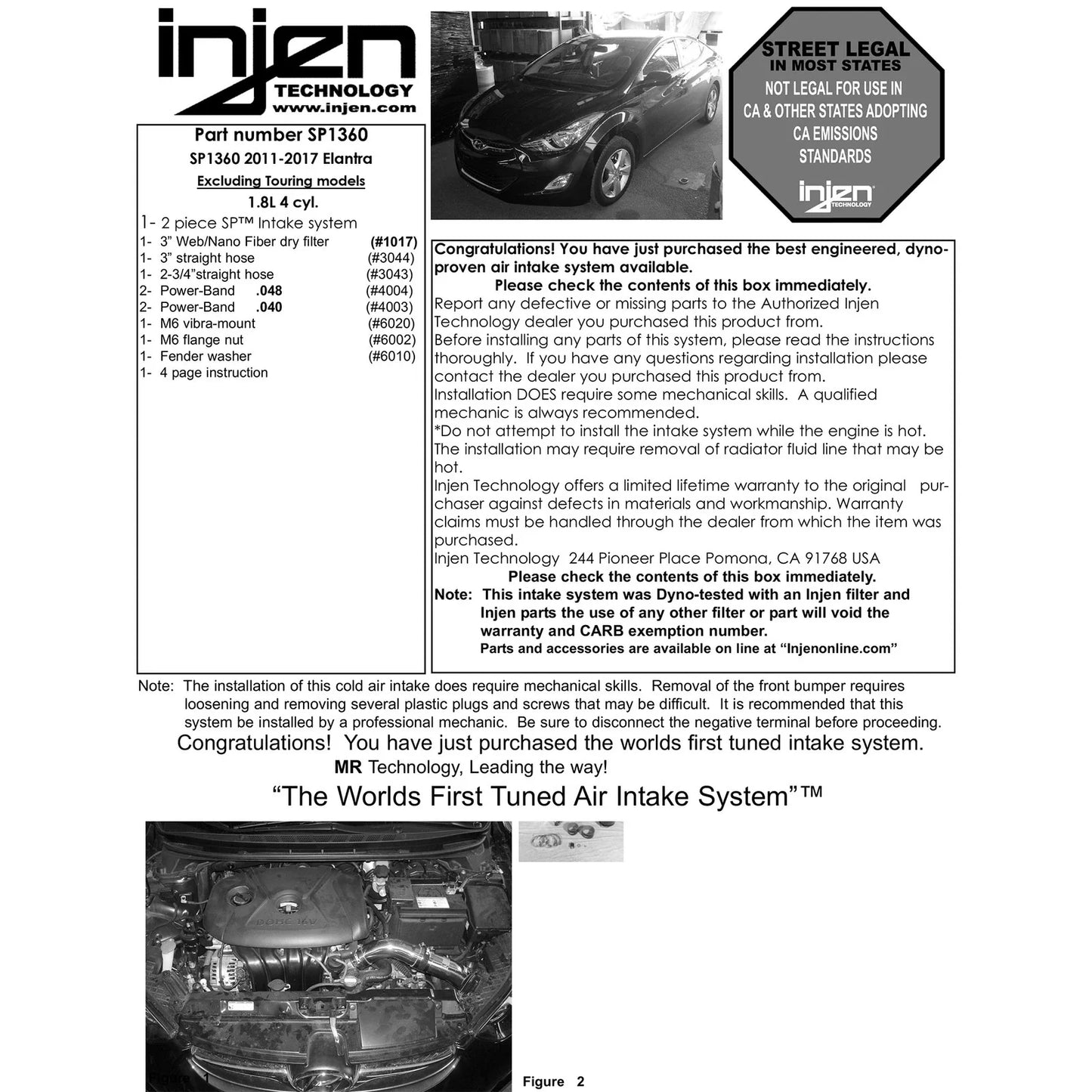 Injen 11-12 Hyundai Elantra 1.8L 4cyl Polished Tuned C/A Intake w/MR Tech & Web Nano-Fiber Filter