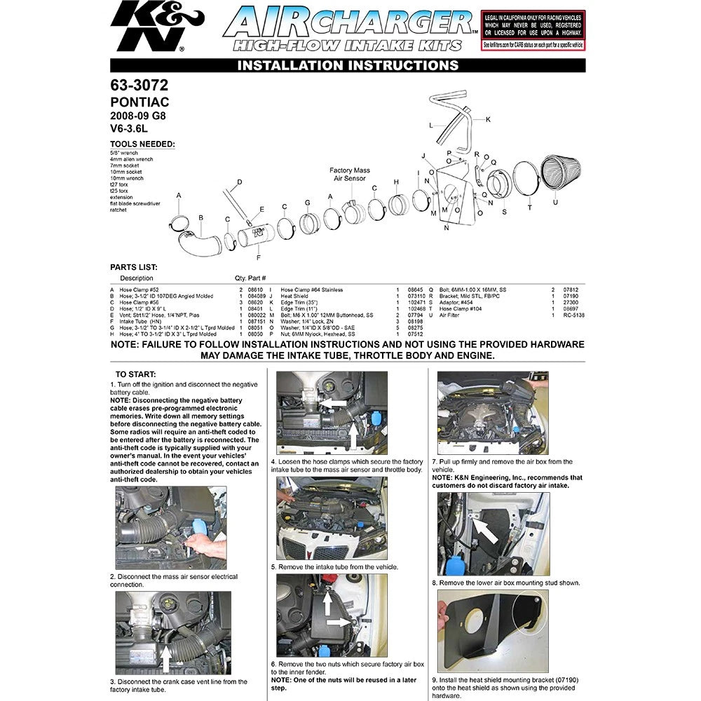 K&N 08-09 Pontiac G8 V6-3.6L AirCharger Performance Intake