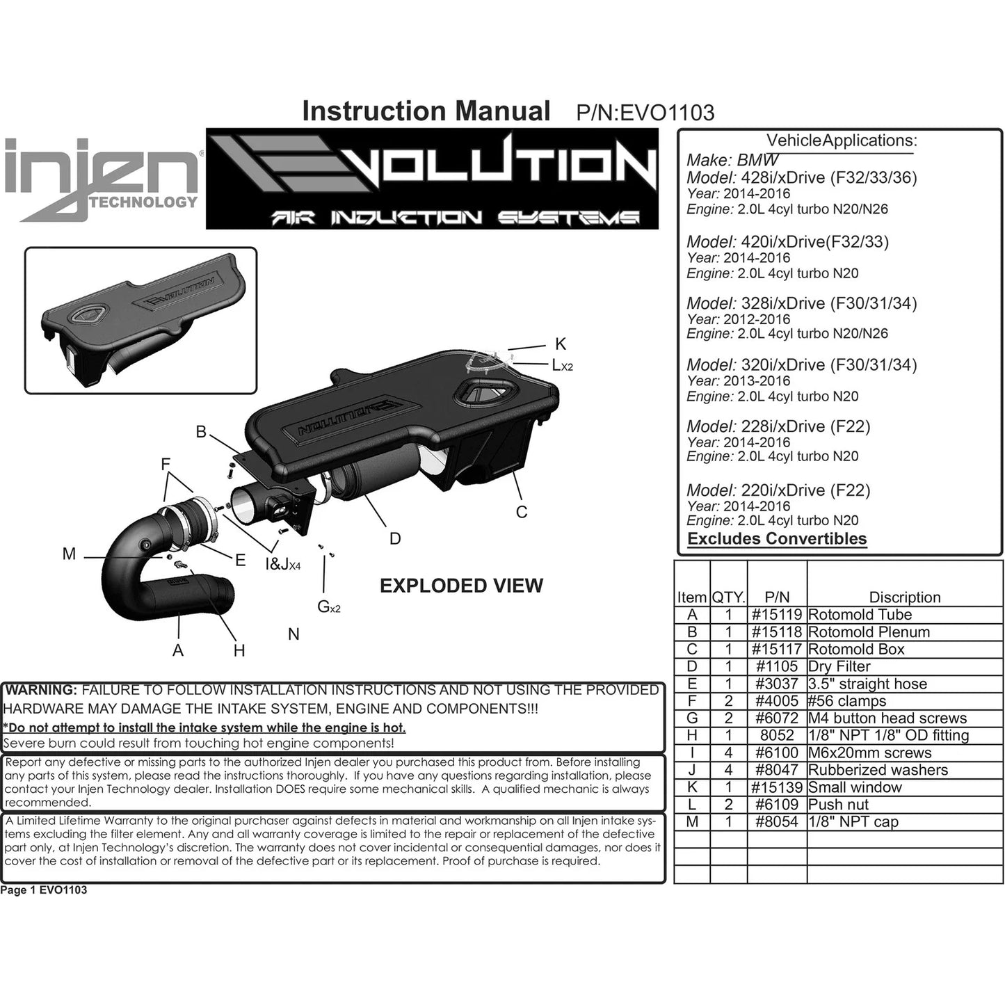 Injen 12-16 BMW 328i/ix F30/F31/F34 / 14-16 BMW 428i/ix F36 / 14-16 228i/ix F22 Evolution Intake