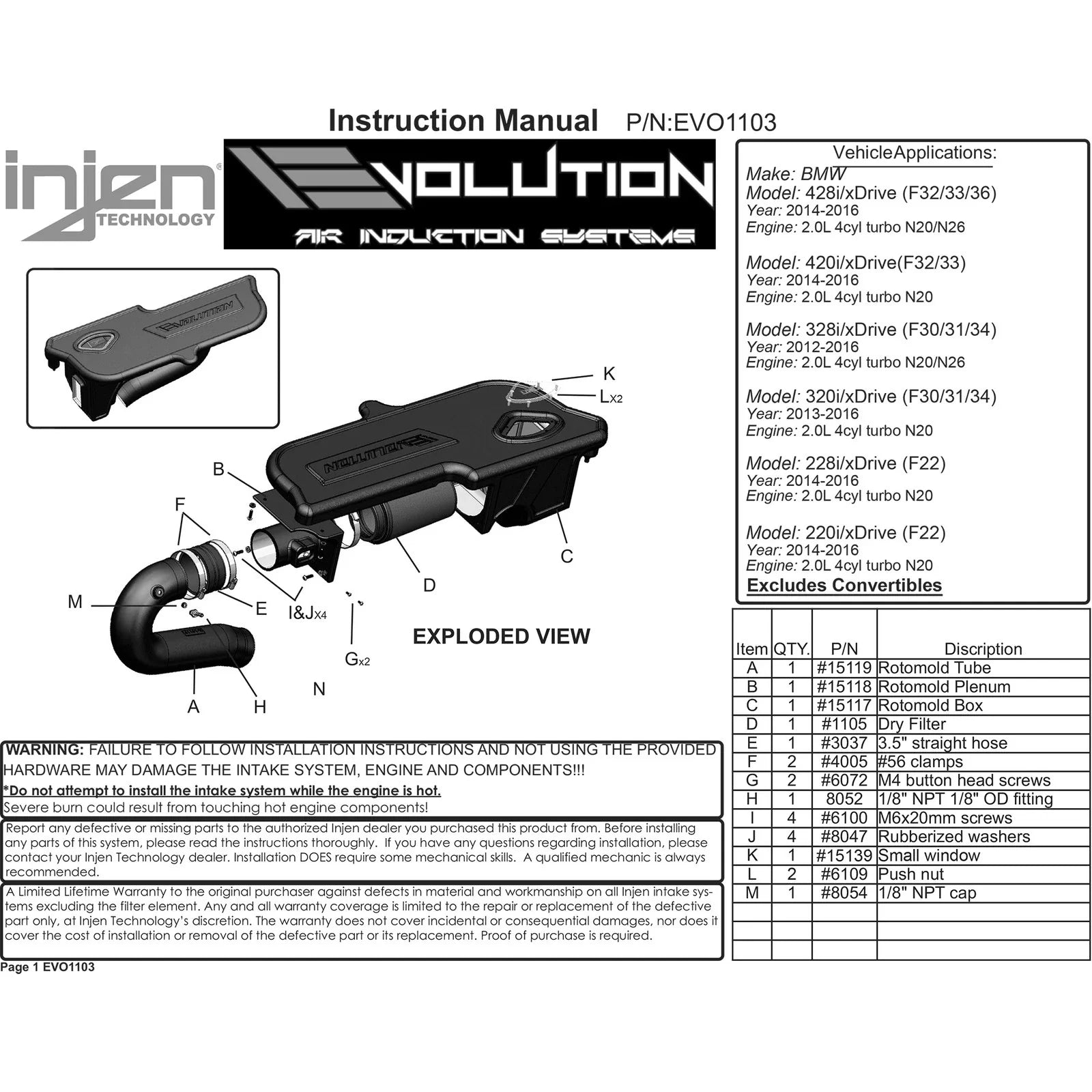 Injen 12-16 BMW 328i/ix F30/F31/F34 / 14-16 BMW 428i/ix F36 / 14-16 228i/ix F22 Evolution Intake