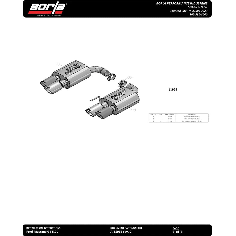 Borla 2018 Ford Mustang GT 5.0L AT/MT 2.5in S-Type Exhaust w/ Valves (Rear Section Only)