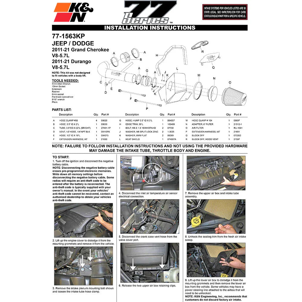 K&N 11 Jeep Grand Cherokee 5.7L V8 / 11 Dodge Durango 5.7L V8 High Flow Performance Intake Kit