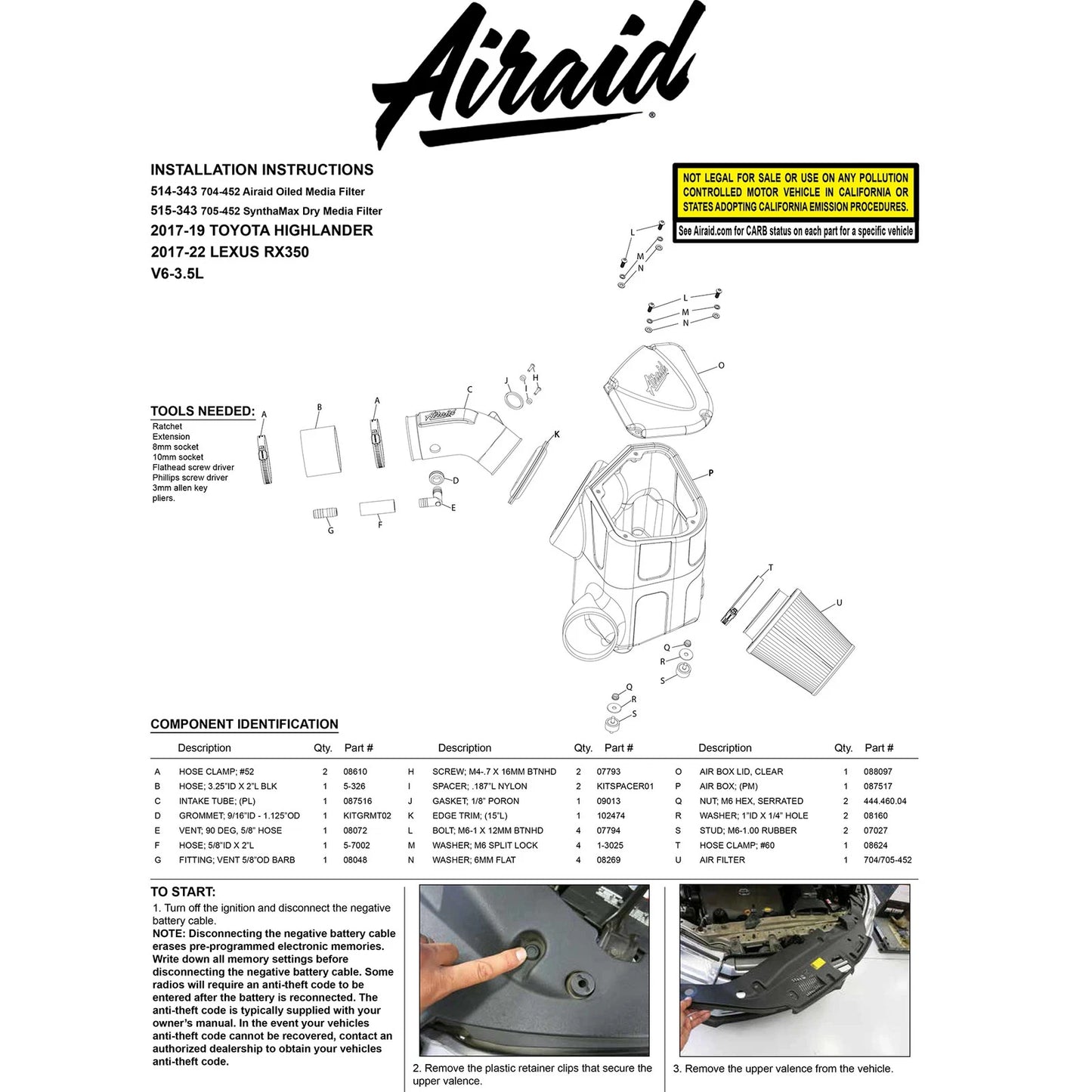 Airaid 17-19 Toyota Highlander V6 3.5L F/I Performance Air Intake Kit