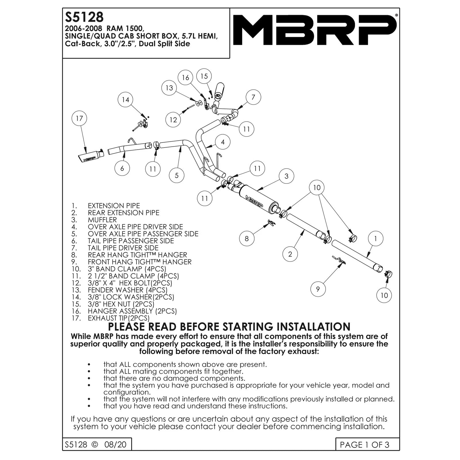 MBRP 2006-2008 Dodge Ram Hemi 1500 5.7L SC/CC-SB Cat Back Dual Split Side