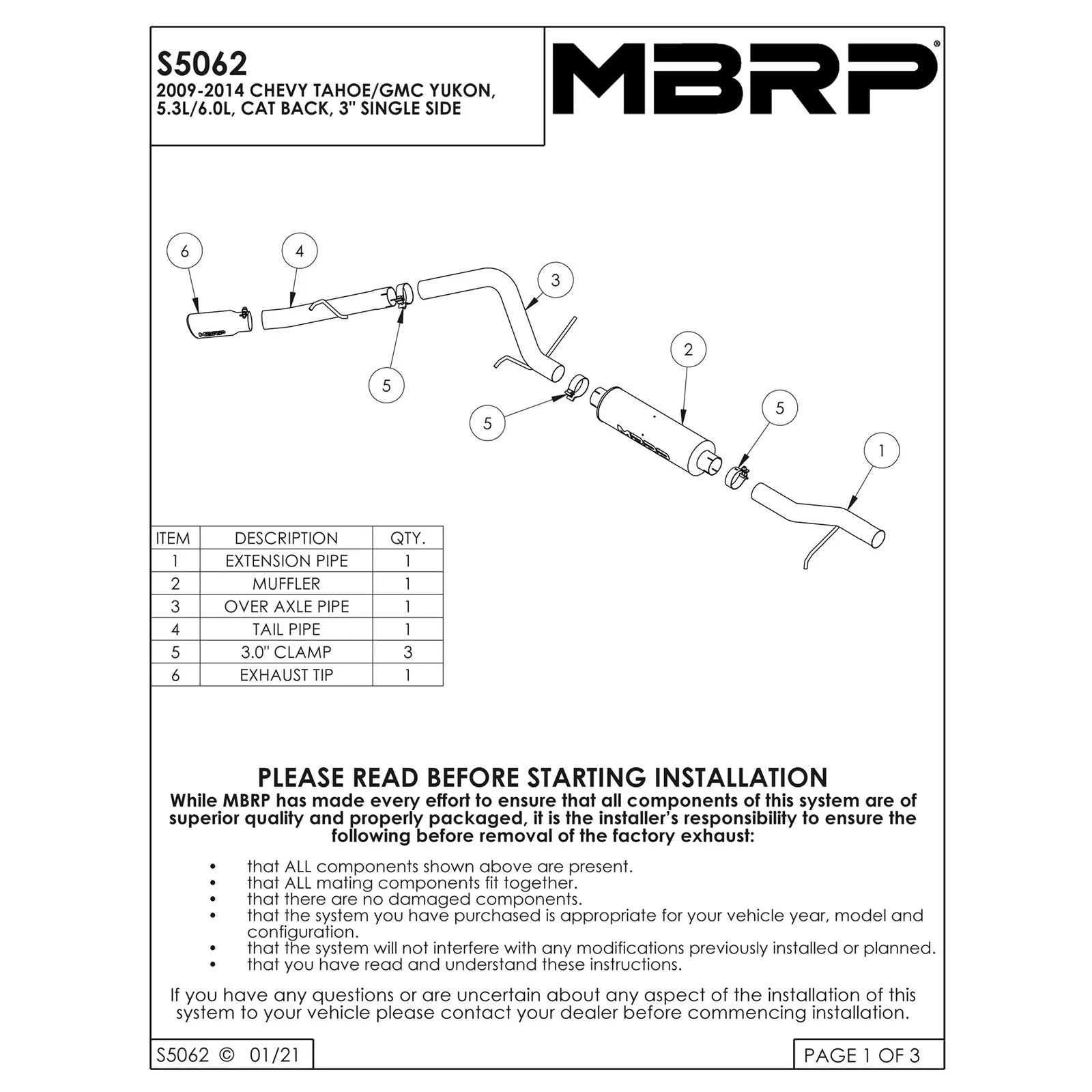MBRP 2009 Chev/GMC Yukon/Chev Tahoe 5.3 L Cat Back Single Side