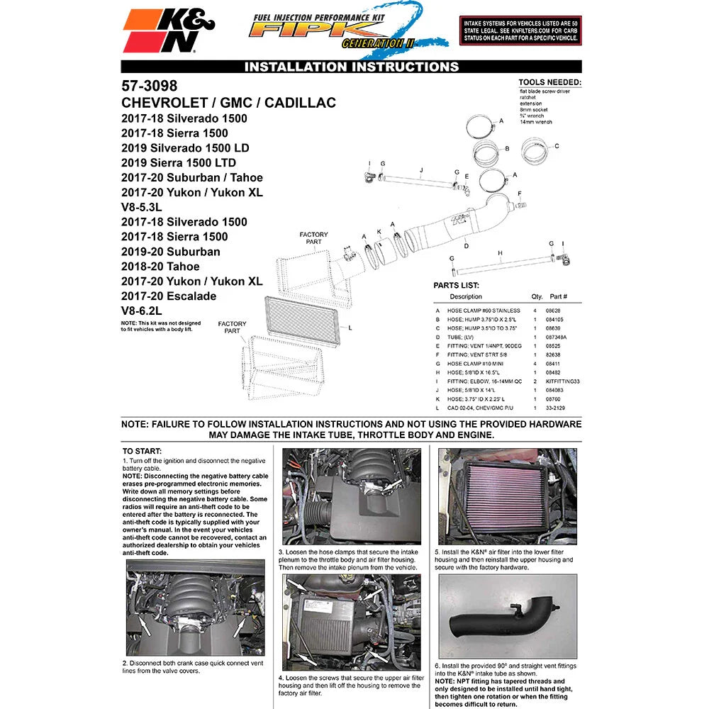 K&N 17-19 Chevrolet Silverado V8-5.3L Performance Intake Kit