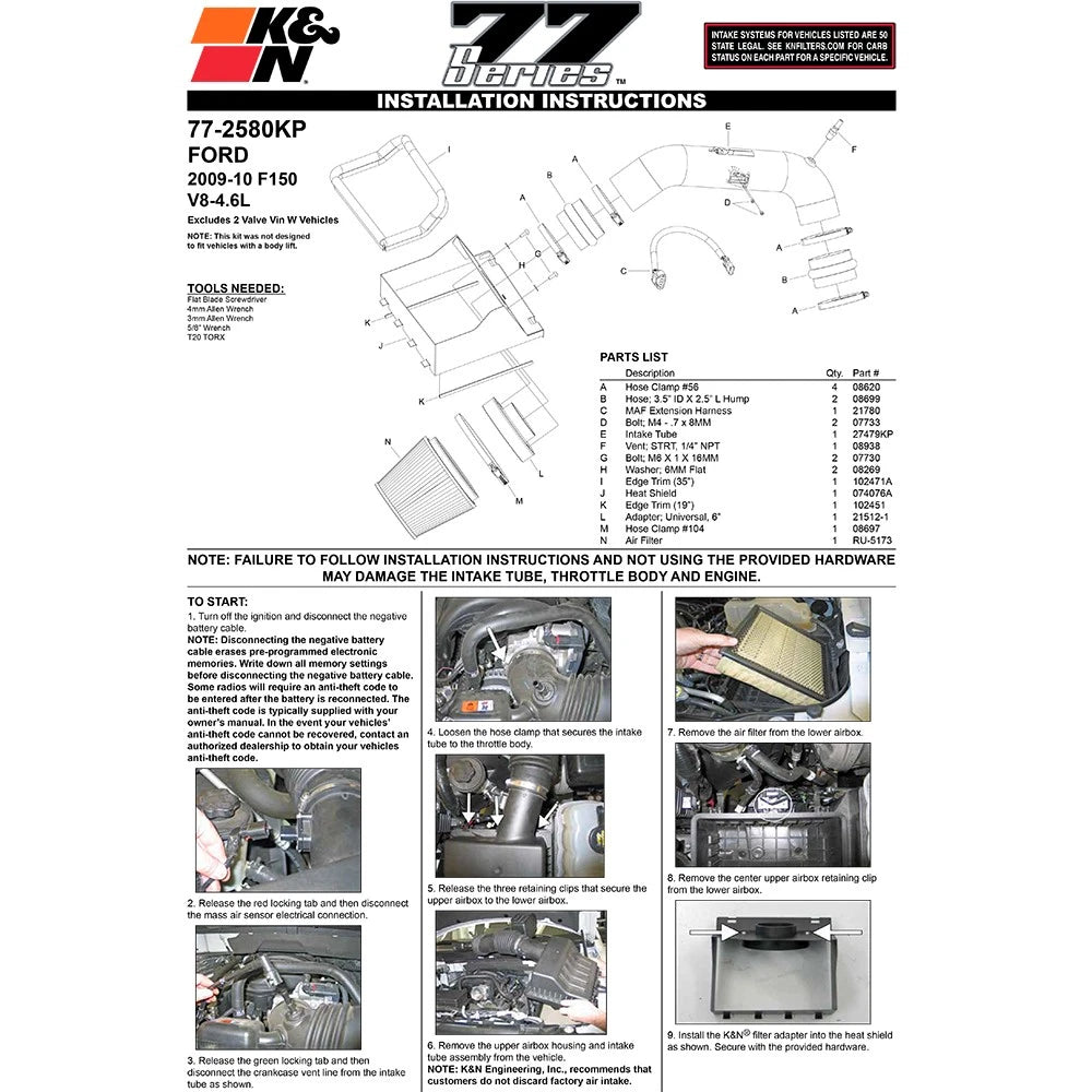 K&N 09-10 Ford F150 4.6L V8 F/I High Flow Performance Kit
