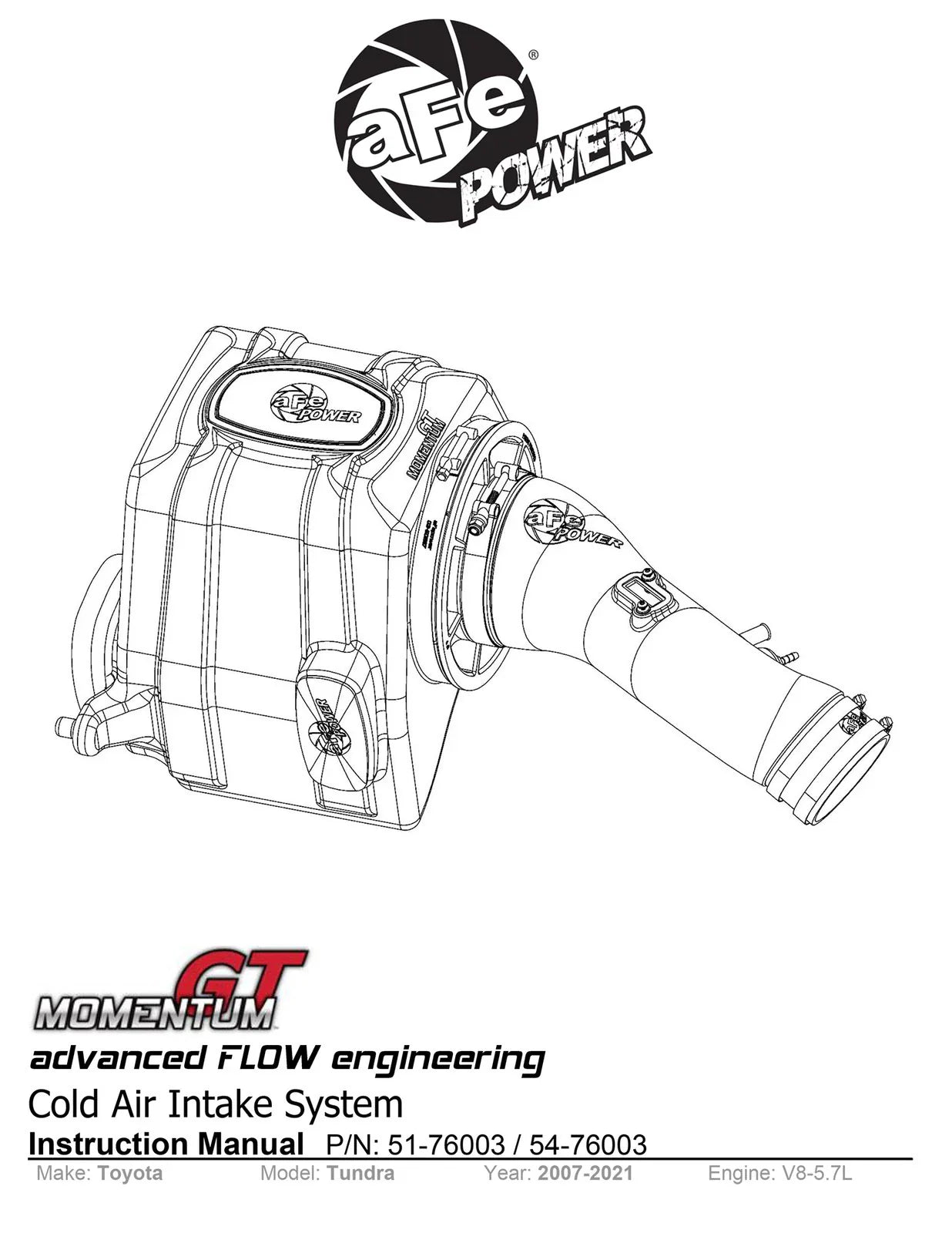 aFe Momentum GT PRO 5R Stage-2 Si Intake System 07-14 Toyota Tundra V8 5.7L