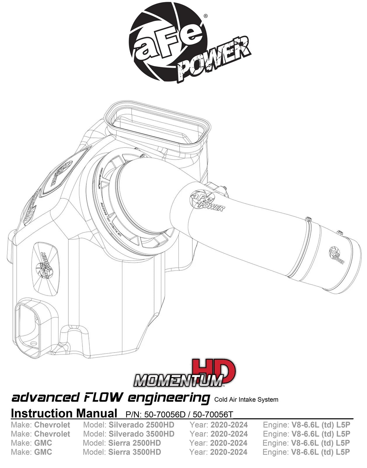 aFe Momentum GT PRO DRY S Intake System 2020 GM Diesel Trucks 2500/3500 V8-6.6L (L5P)