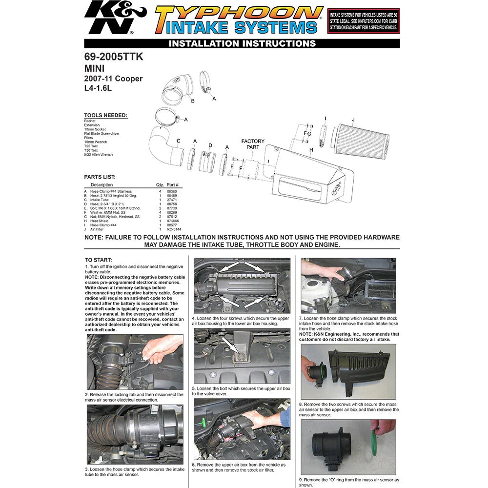 K&N 07-09 Mini Cooper L4-1.6L Typhoon Short Ram Intake