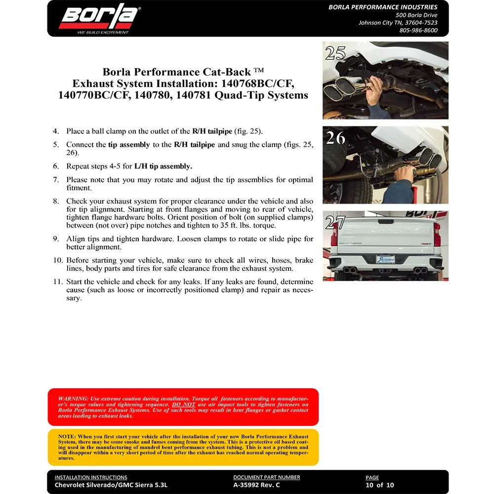 Borla 2019 Chevy Silverado 1500 5.3L V8 CC SB 147.4in WB Touring Cat-Back w/ Quad Square Tips