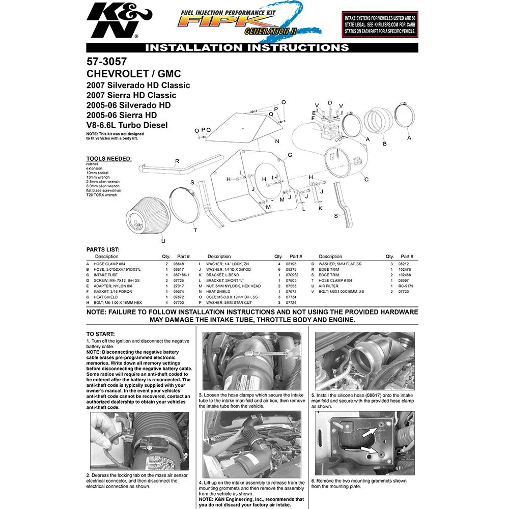 K&N 06 Chevy Silverado/GMC Sierra 2500HD/3500 V8-6.6L Performance Intake Kit