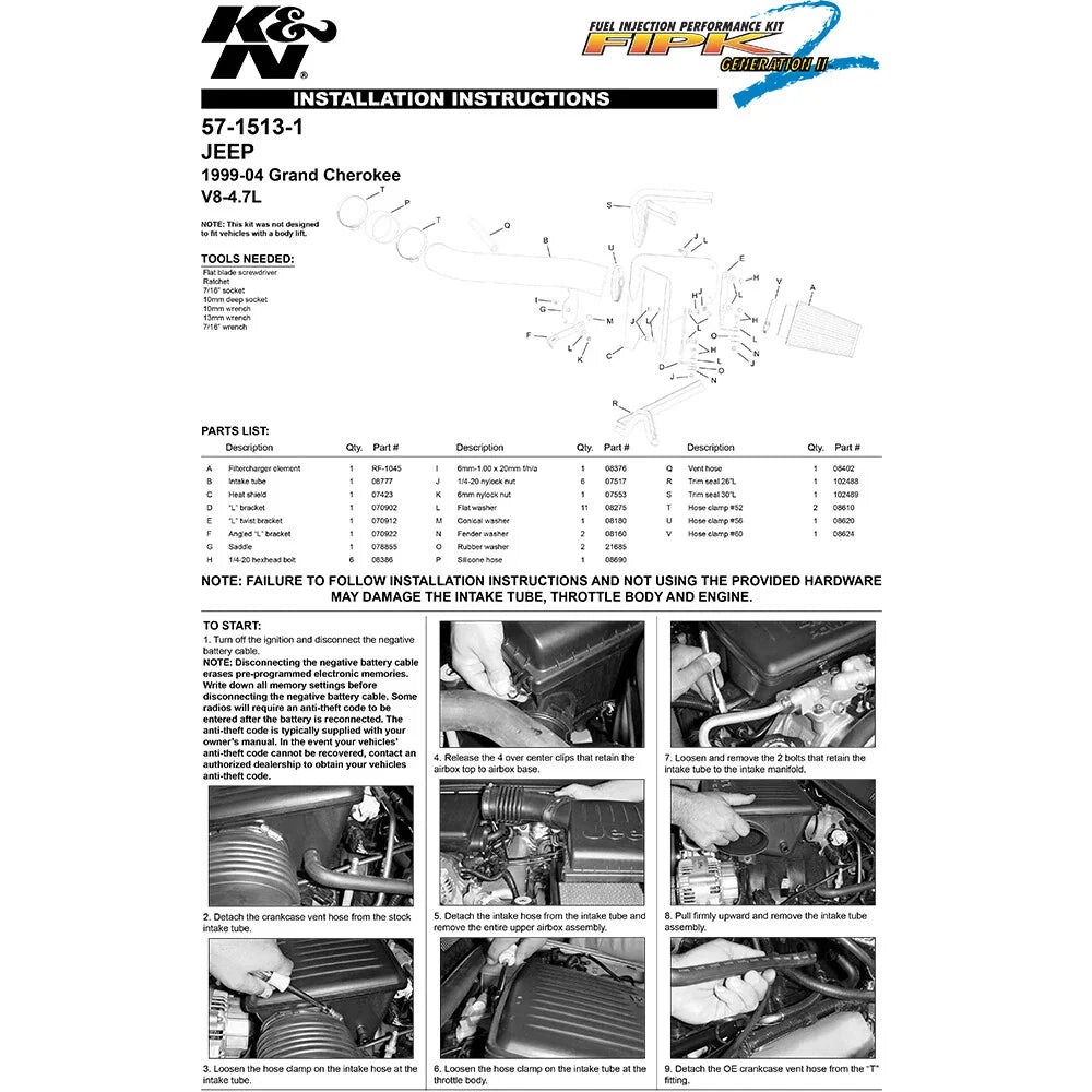 K&N 99-04 Jeep Grand Cherokee V8-4.7L Performance Intake Kit