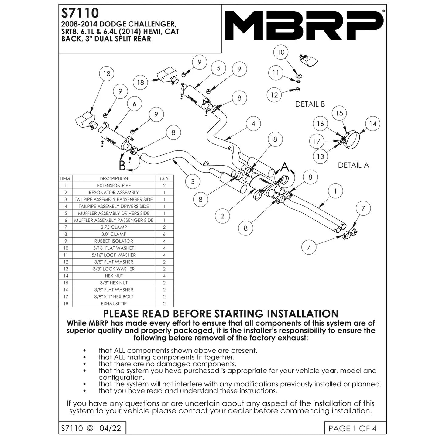 MBRP 08-11 Dodge Challenger SRT8 6.1L Hemi T304 Cat Back Dual Split Rear