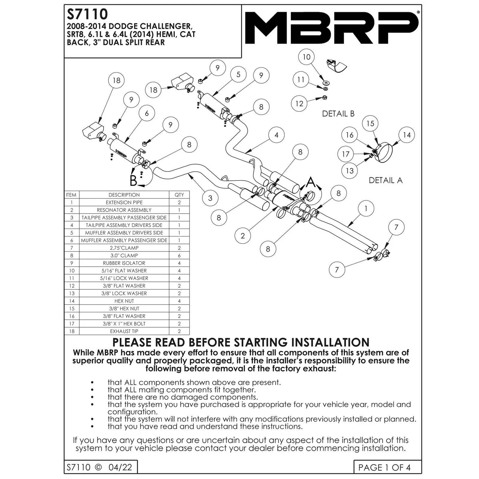MBRP 08-11 Dodge Challenger SRT8 6.1L Hemi T304 Cat Back Dual Split Rear