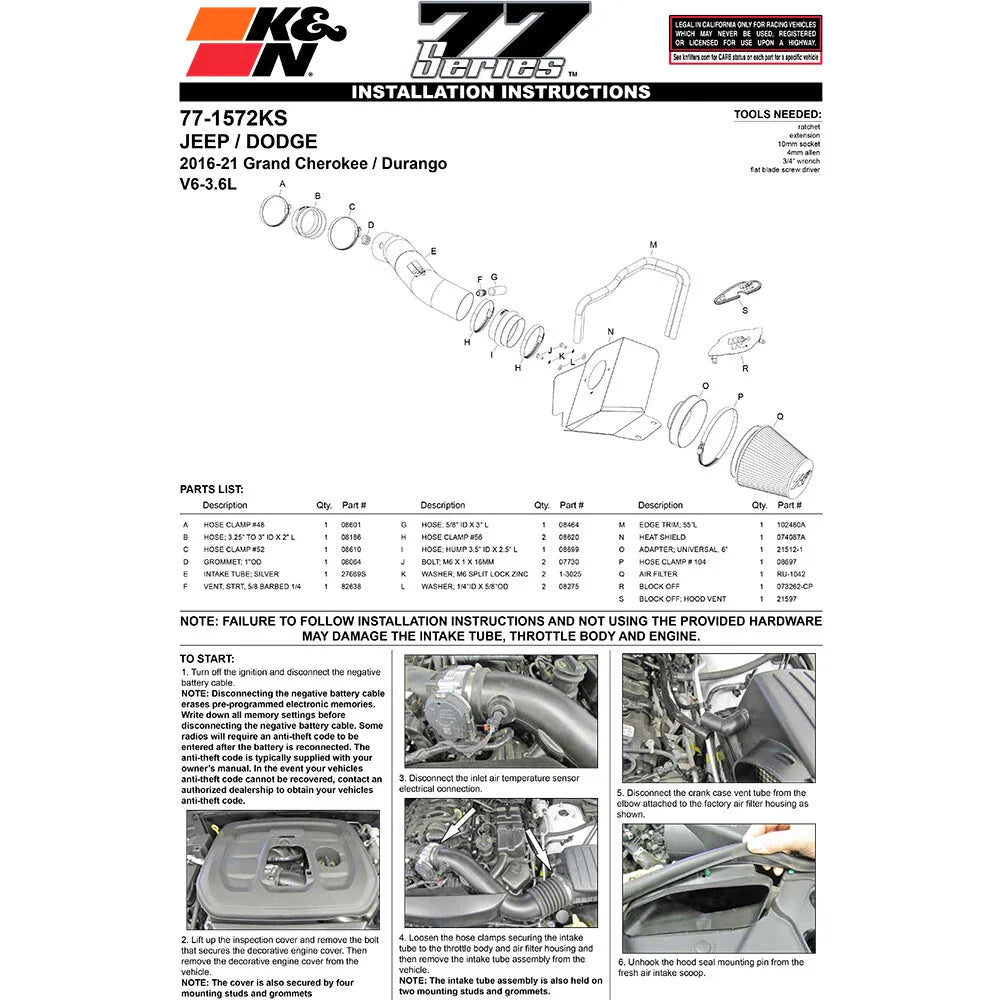 K&N 2016 Jeep Grand Cherokee V6-3.6L Performance Intake Kit