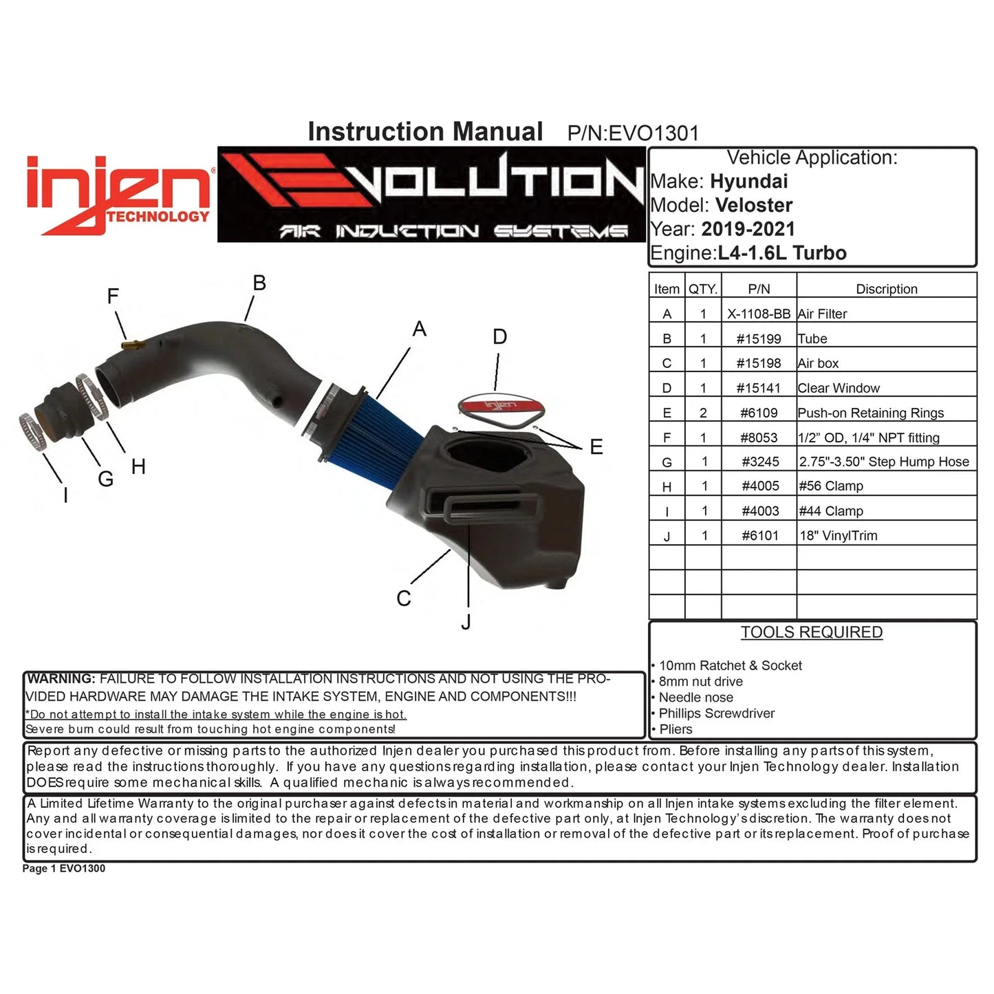 Injen 19-21 Hyundai Veloster N 1.6L Turbo Evolution Intake - Dry Filter