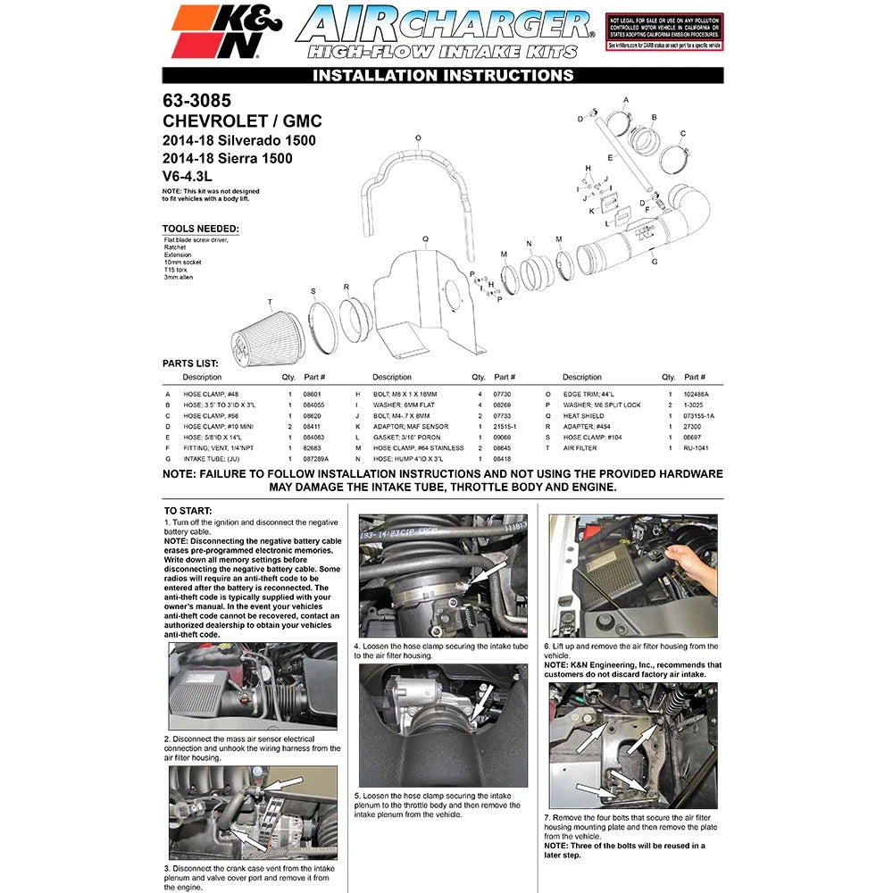 K&N 63 Series AirCharger Performance Intake Kit Chevy/GMC 14 Silverado/Sierra 4.3L V6