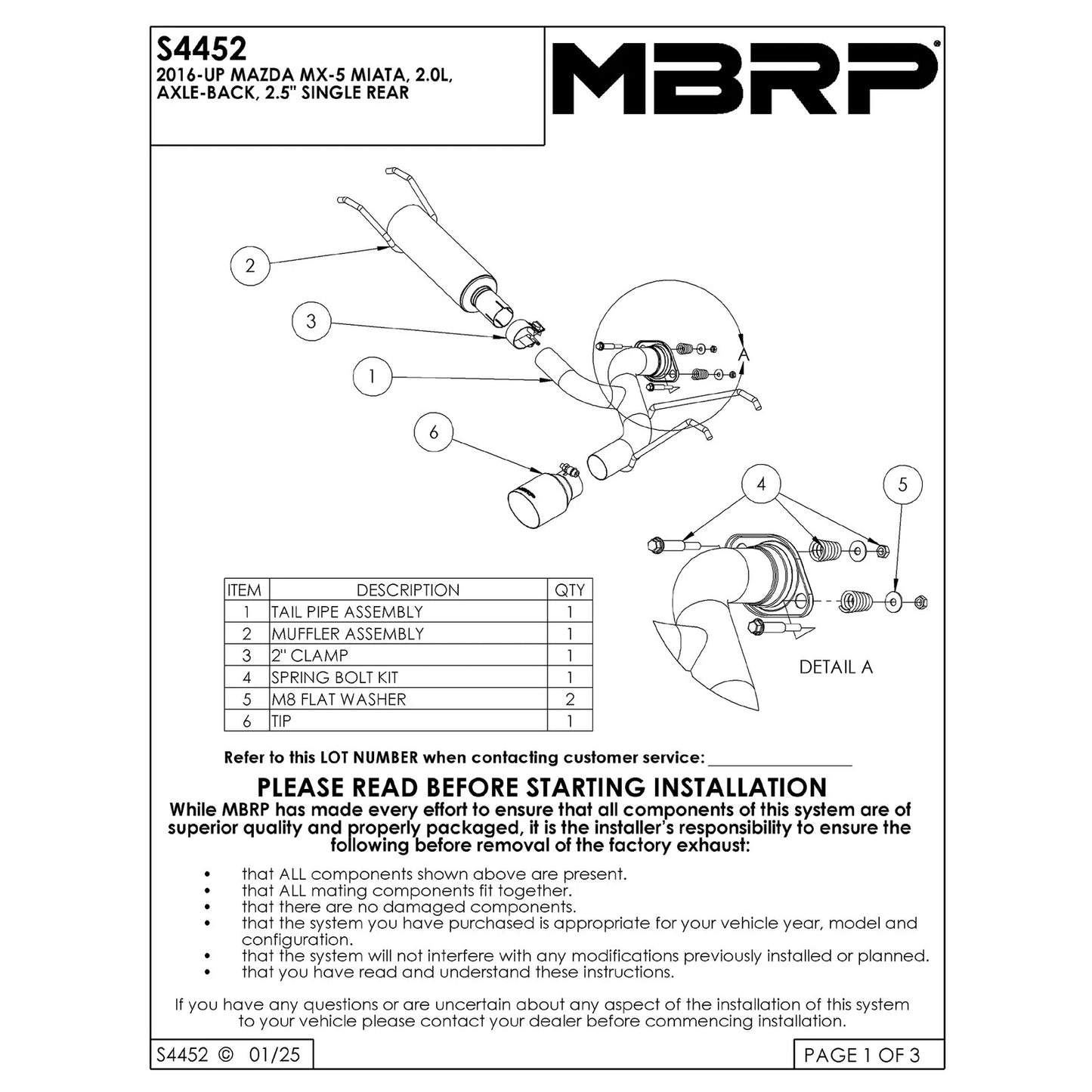 MBRP 16+ Mazda MX-5 Miata Single Rear Exit 2.5in Axle Back Exhaust AL