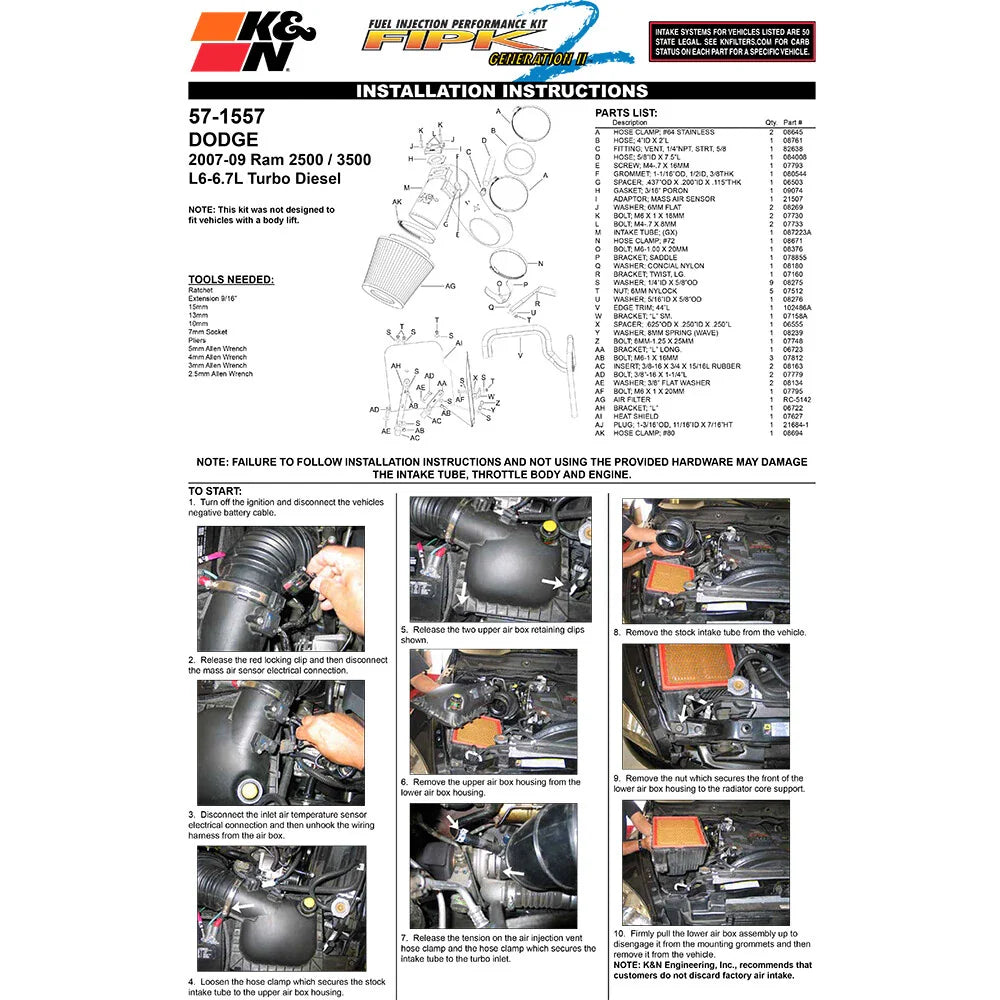 K&N 07-09 Dodge Ram 2500/3500 Pickup 6.7L Performance Intake Kit