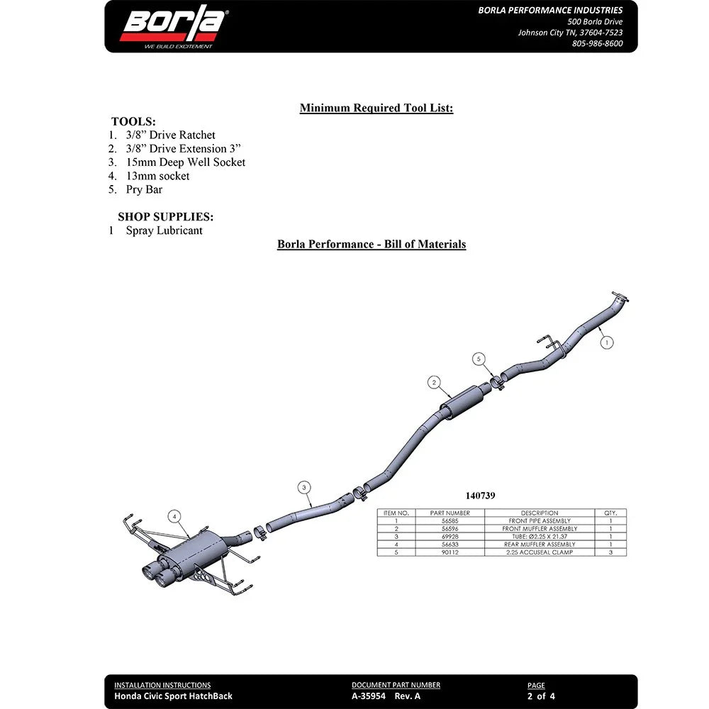 Borla 16-17 Honda Civic Sport 1.5L AT/MT Hatchback S-Type Catback Exhaust