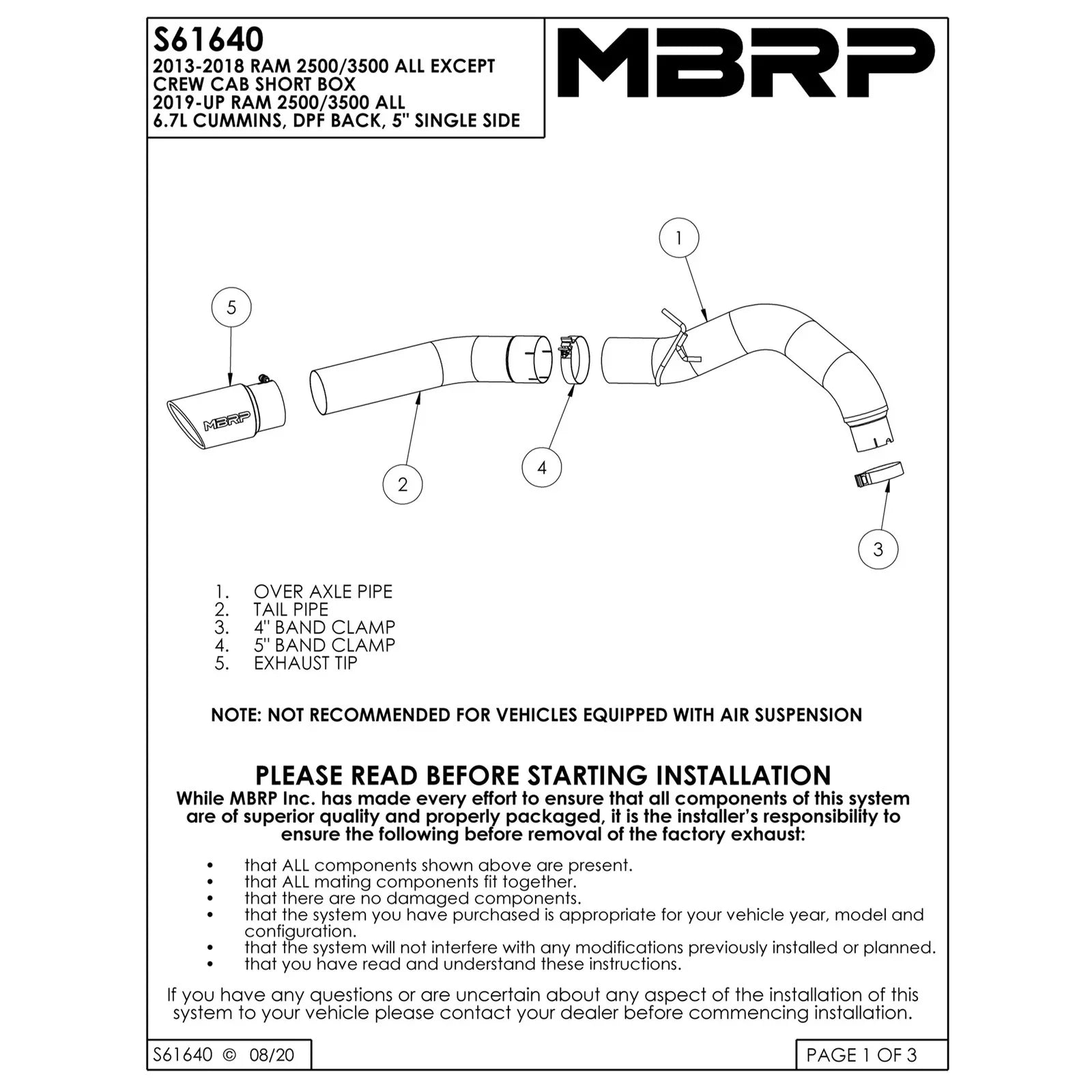 MBRP 13-14 Dodge Ram 2500/3500 Cummins 6.7L 5in Filter Back Exhaust Single Side Exit T409