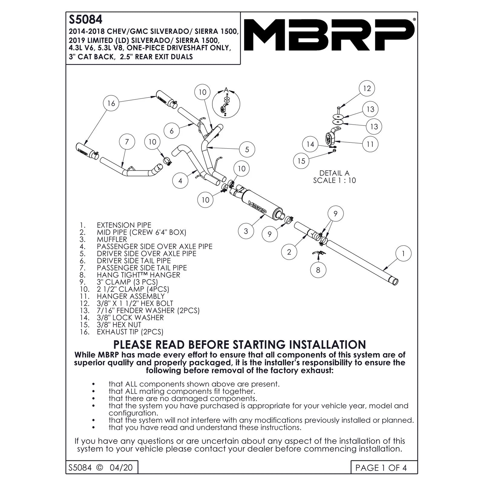 MBRP 14 Chevy/GMC 1500 Silverado/Sierra 4.3L V6/5.3L V8 Dual Split Rear T409 3in Cat Back Exhaust
