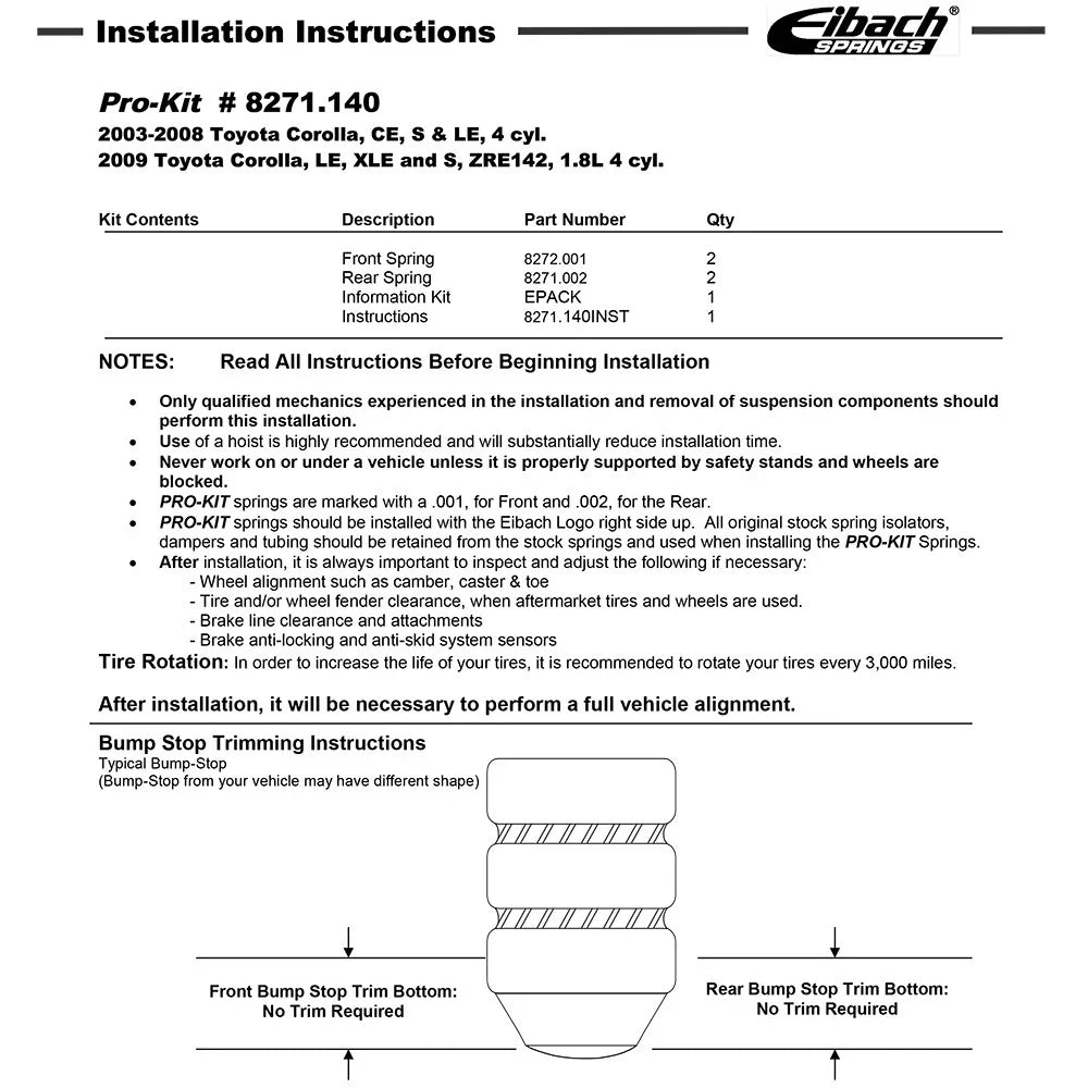 Eibach Pro-Kit for 03-08 Toyota Corolla CE/S/LE / 09 Toyota Corolla LE/XLE/S