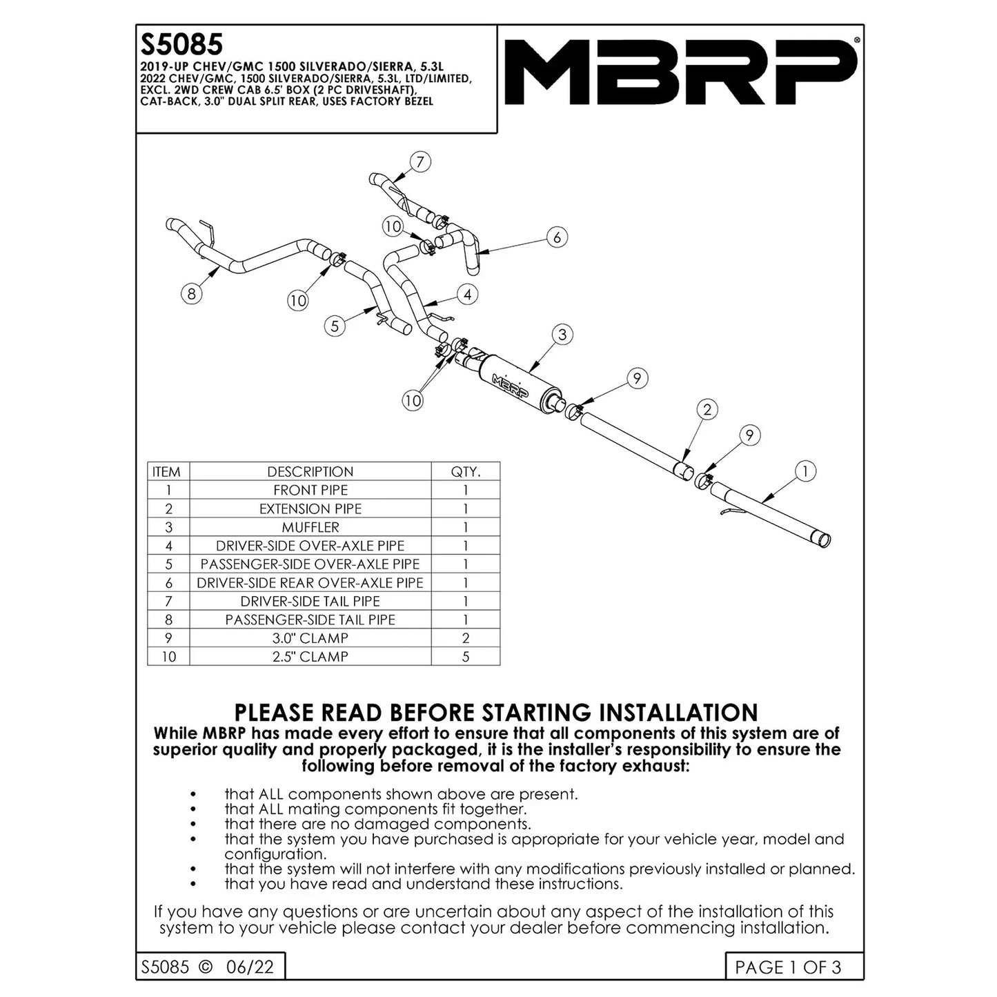 MBRP 2019 Chevrolet Silverado 1500 4.3L/5.3L 2.5in Cat Back Dual Rear Exit - T409