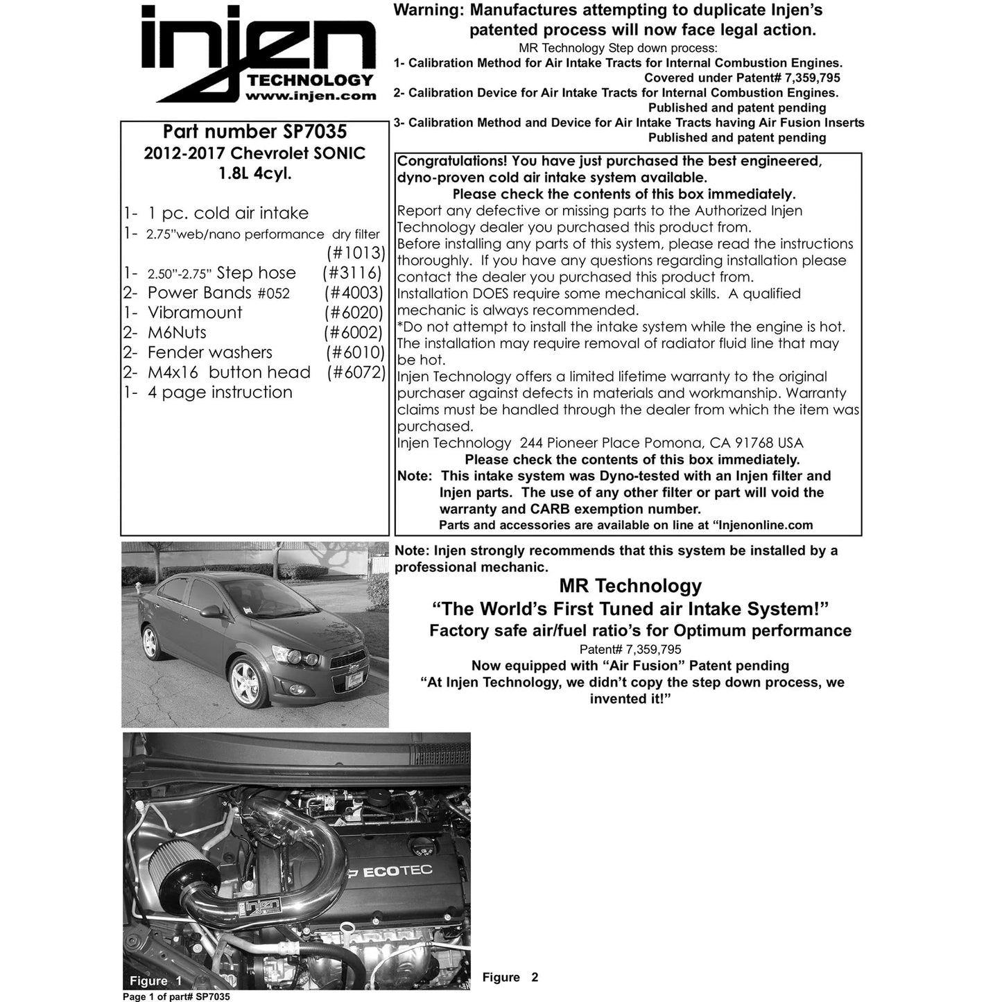 Injen 12-18 Chevrolet Sonic 1.8L 4cyl Black Short Ram Cold Air Intake w/ MR Technology