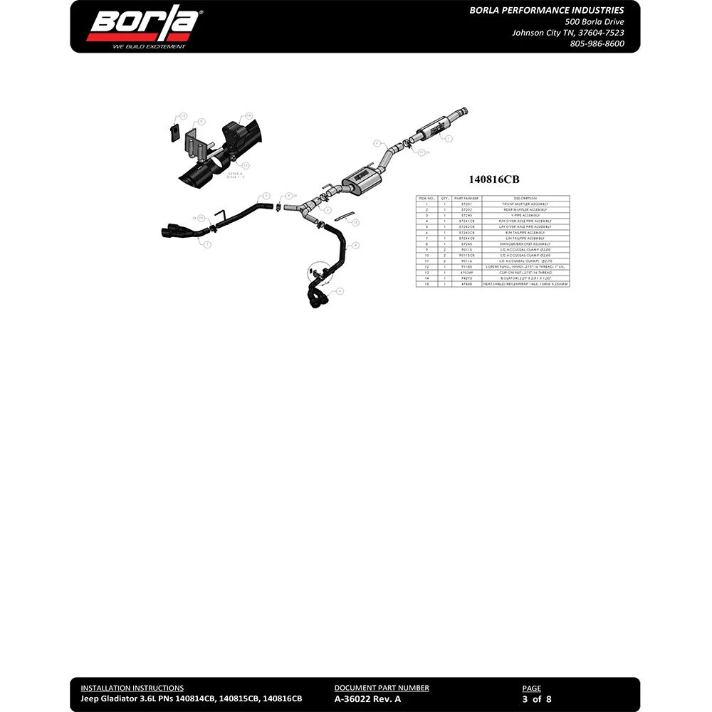 Borla 2020 Jeep Gladiator JT 3.6L V6 AT/MT AWD 2.75-2in Touring Catback Ceramic Blk Tailpipe & Tips