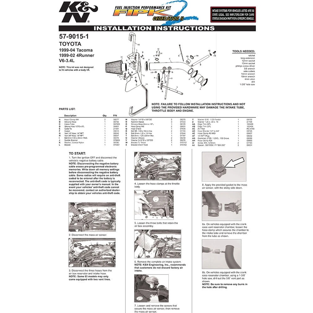 K&N 99-04 Toyota Tacoma/4Runner V6-3.4L Performance Air Intake Kit