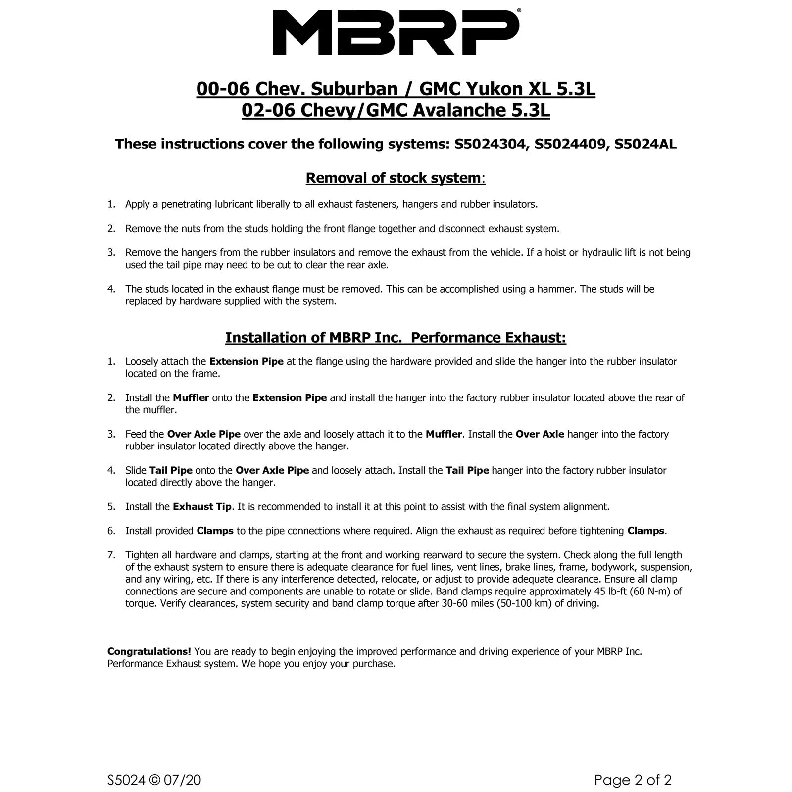 MBRP 2000-2006 Chev/GMC Suburban/YukonXL 1500 5.3L Cat Back Single Side