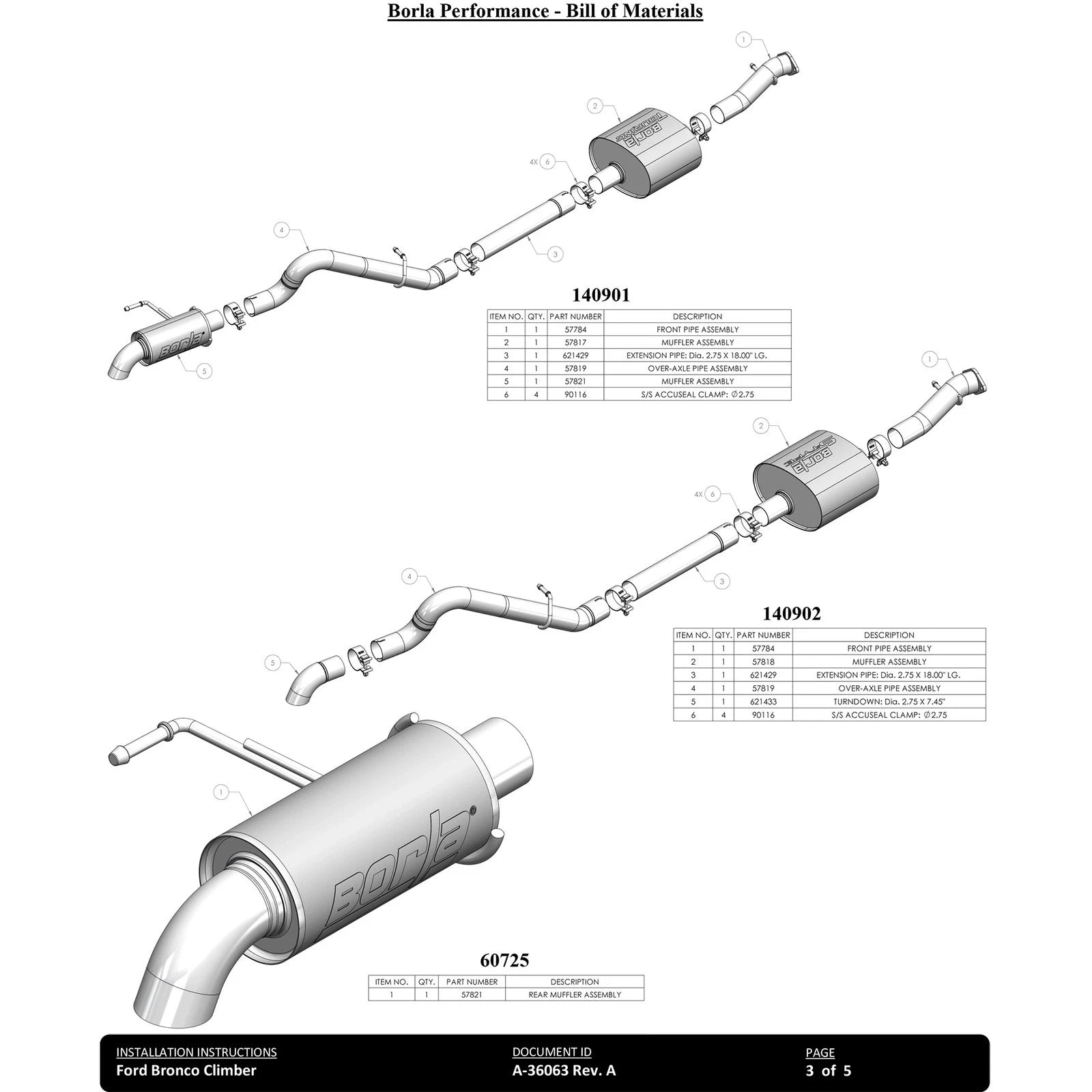 Borla 21-22 Ford Bronco 2.7L 2DR/4DR T-304 Stainless Steel Cat-Back Touring Exhaust - Brushed