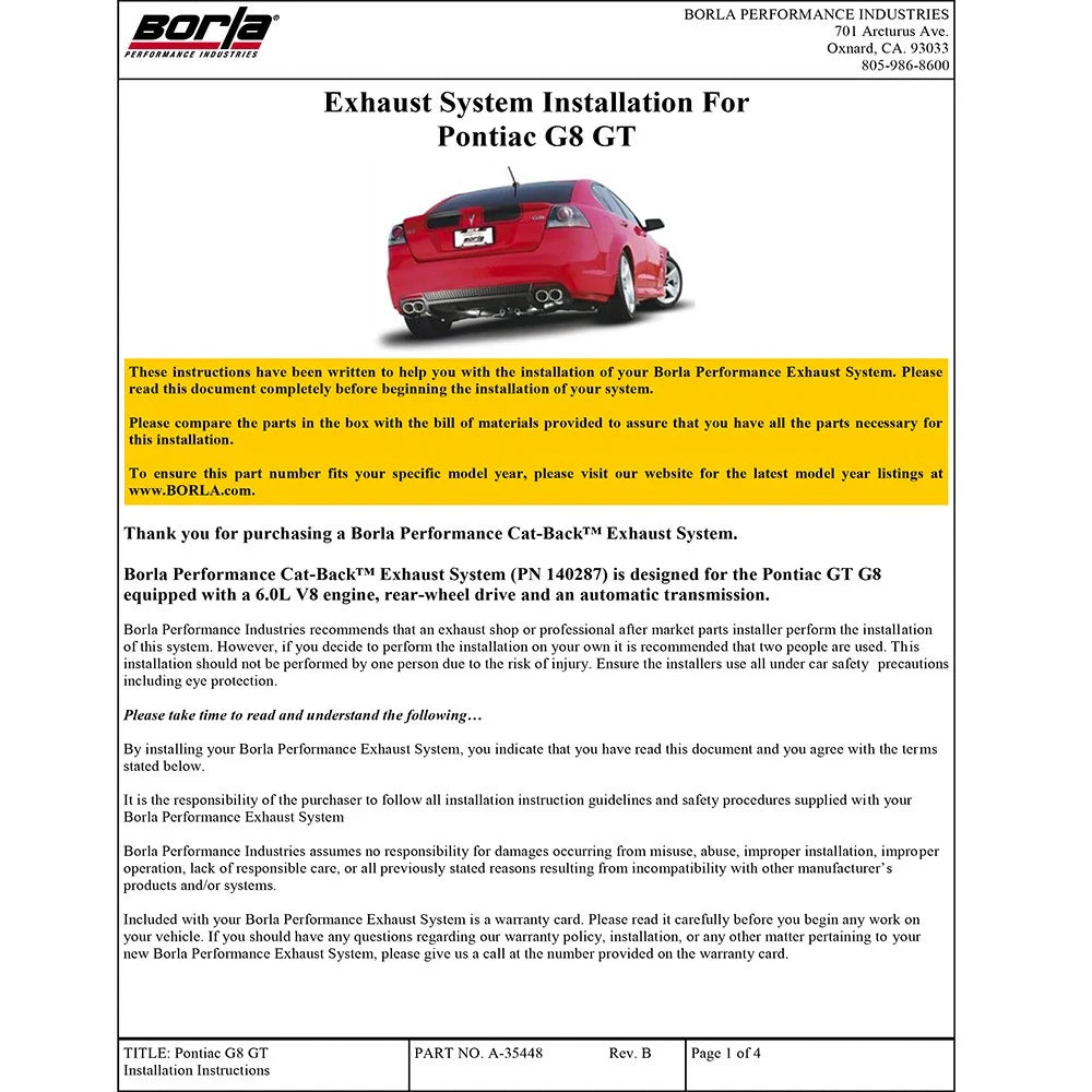 Borla 08-09 Pontiac G8/GT 6.0L 8cyl SS Catback Exhaust w/ X Pipe