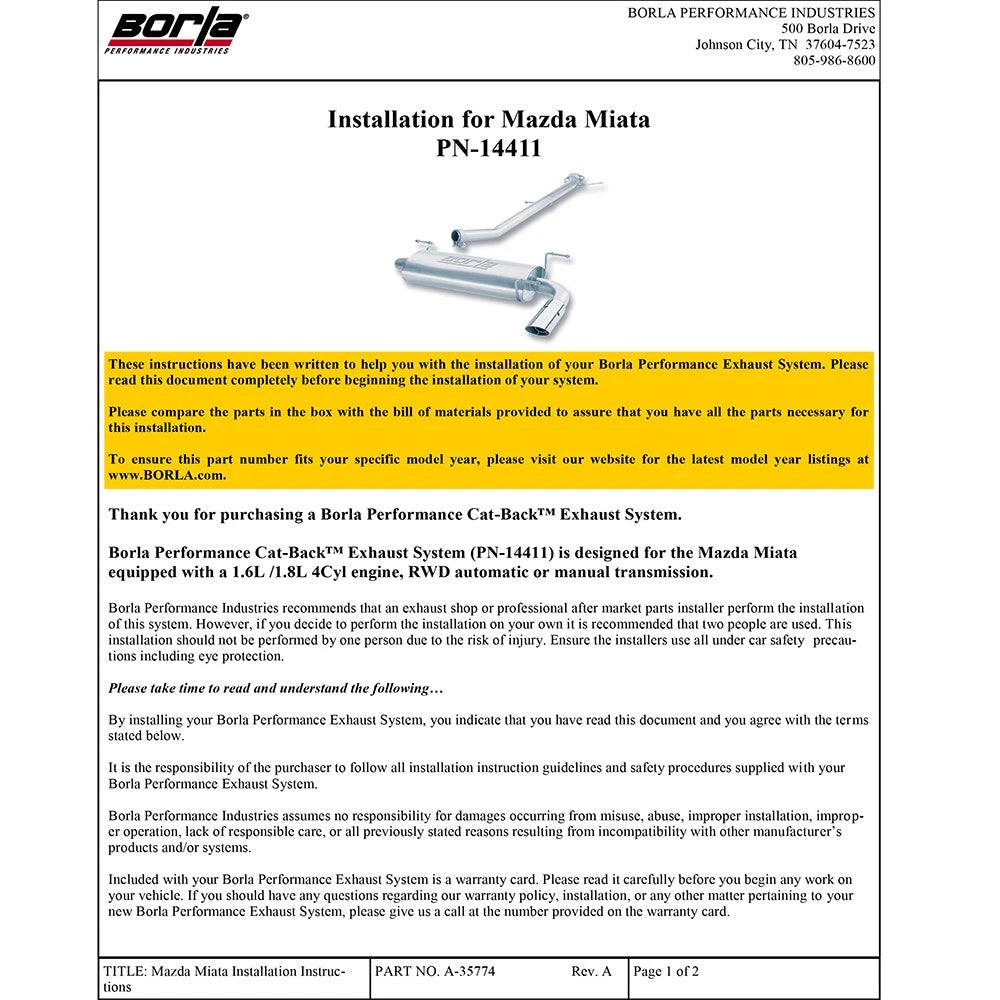 Borla 90-97 Mazda Miata Catback Exhaust