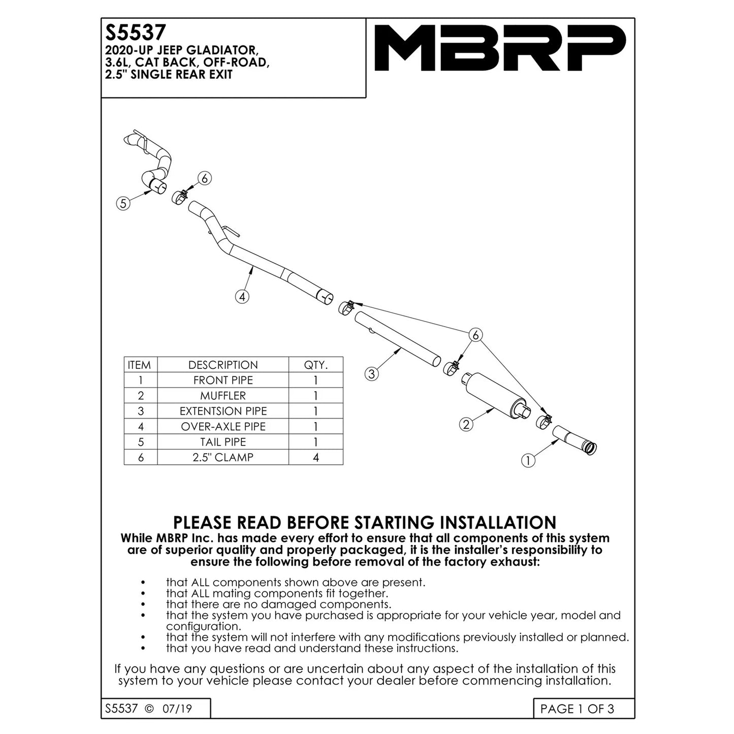 MBRP 2020 Jeep Gladiator 3.6L 2.5in Single Rear Exit Cat Back Exhaust - Aluminized (Off-Road)