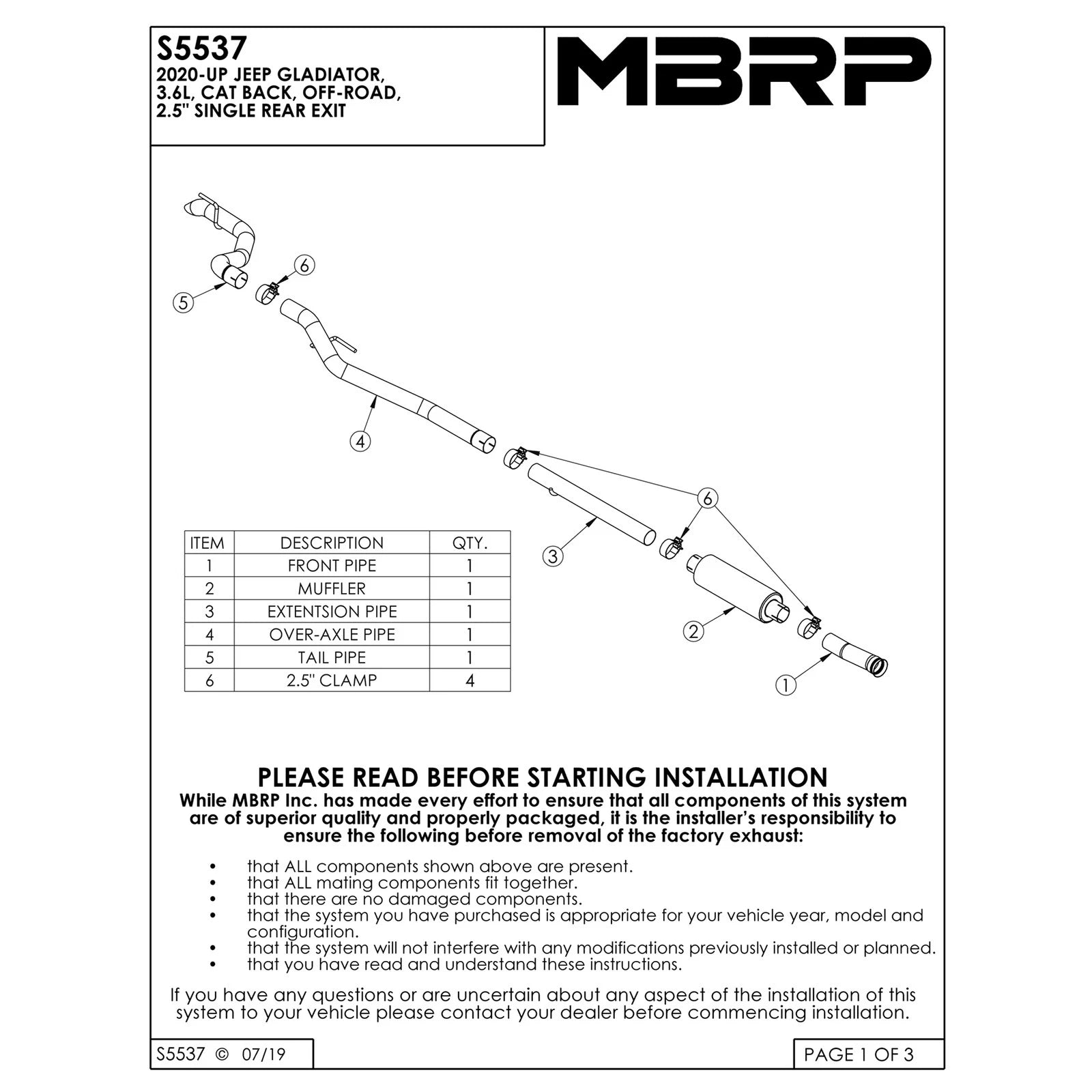 MBRP 2020 Jeep Gladiator 3.6L 2.5in Single Rear Exit Cat Back Exhaust - Aluminized (Off-Road)