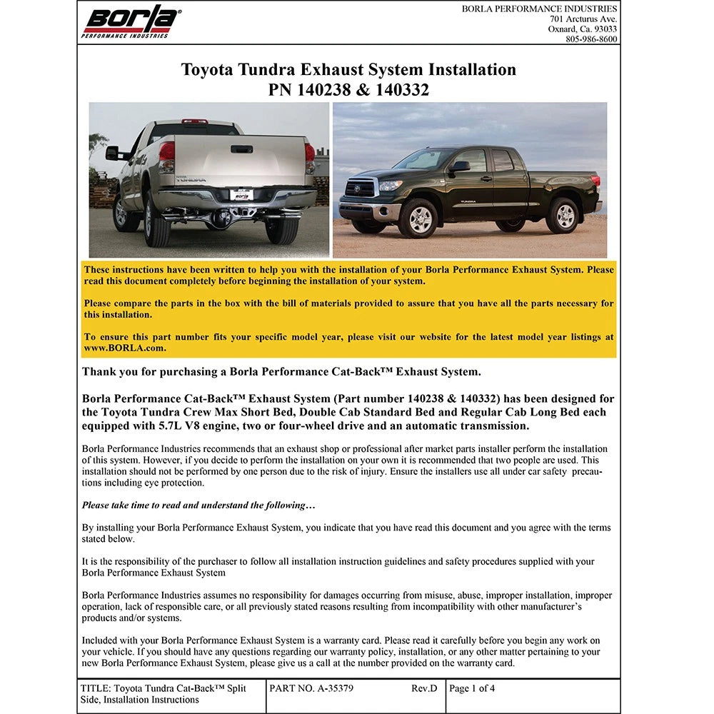 Borla 09-15 Toyota Tundra 4.6L / 5.7L V8 Crew Max / Double Cab SS Dual Split Catback Exhaust