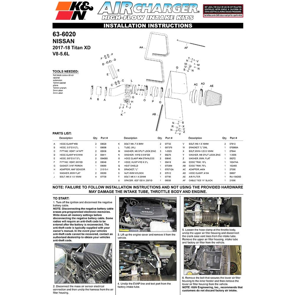 K&N 17-18 Nissan Titan XD V8 5.6L AirCharger Performance Intake