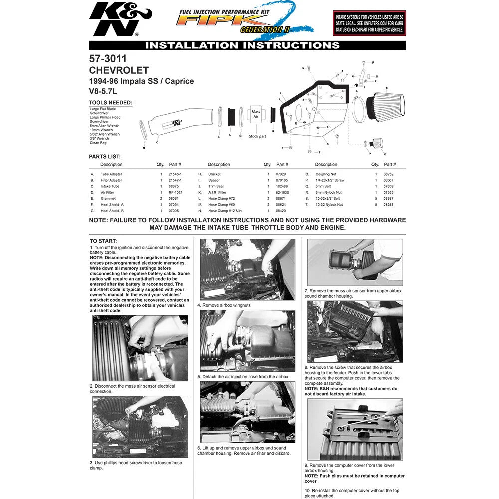K&N 94-96 Chevy Impala SS/Caprice Performance Intake Kit