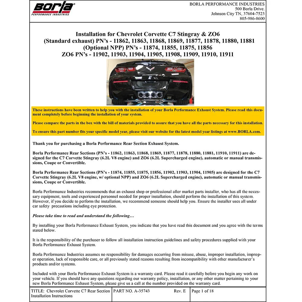 Borla 2014 Chevy Corvette C7 w/ AFM w/o NPP Atak Rear Section Exhaust Quad Rd Rl IC Tips