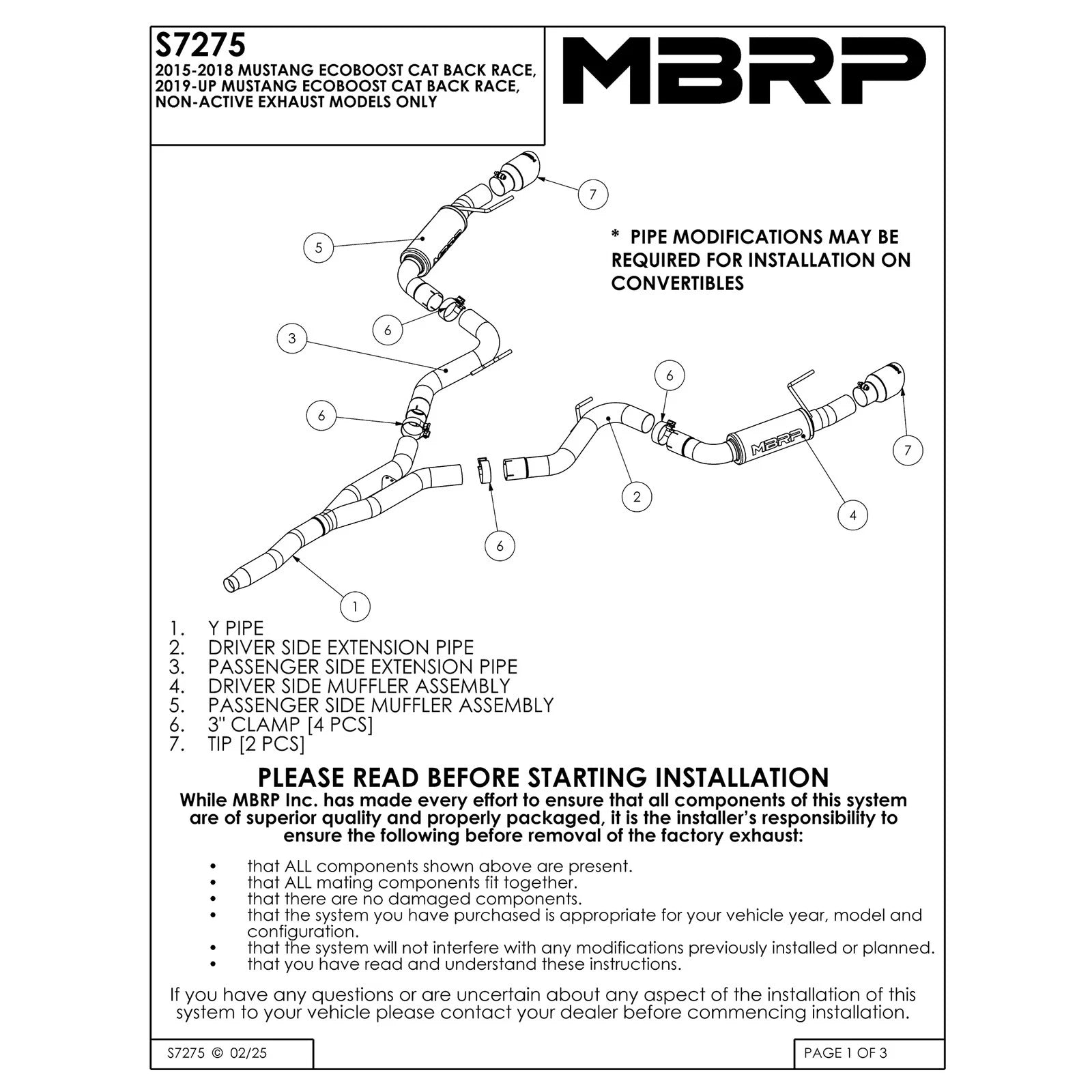 MBRP 15-19 Ford Mustang EcoBoost 2.3L Alum 3in Cat Back Dual Split Rear Exit (Race Version)