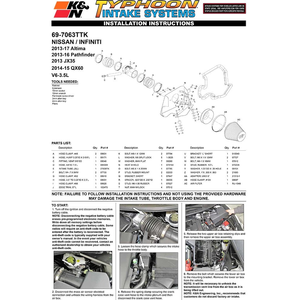 K&N 69 Series Typhoon Performance Intake Kit 13-14 Nissan Altima/Pathfinder 3.5L V6