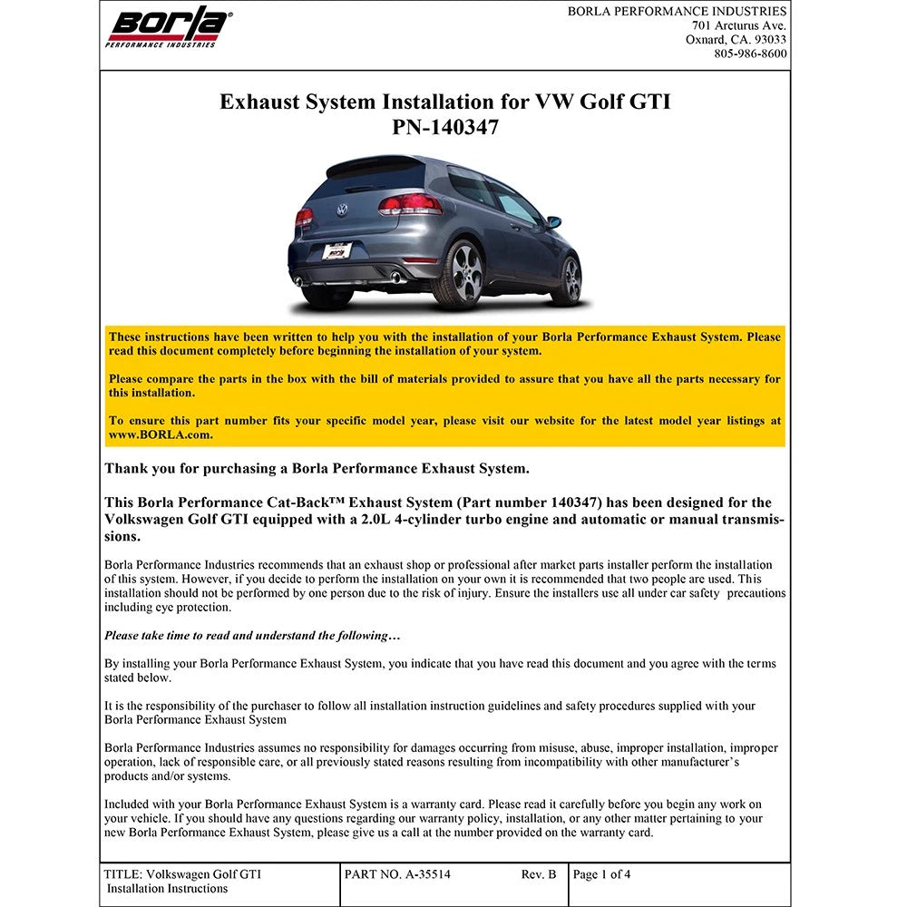 Borla 10-14 VW GTI Base 2.0L 4cyl Catback Exhaust