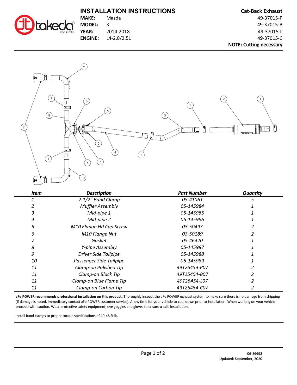 aFe Takeda 2-1/2in 304 SS Cat-Back Exhaust w/ Polished Tips 14-18 Mazda 3 L4 2.0L/2.5L