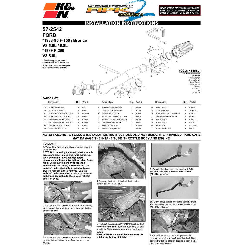 K&N 88-95 Ford F150/Bronco V8-5.8L Performance Intake Kit