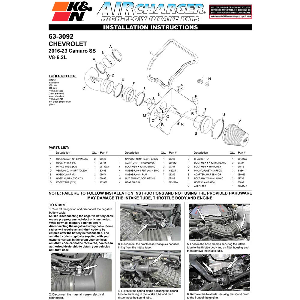 K&N 2016 Chevy Camaro SS V8-6.2L AirCharger Performance Intake