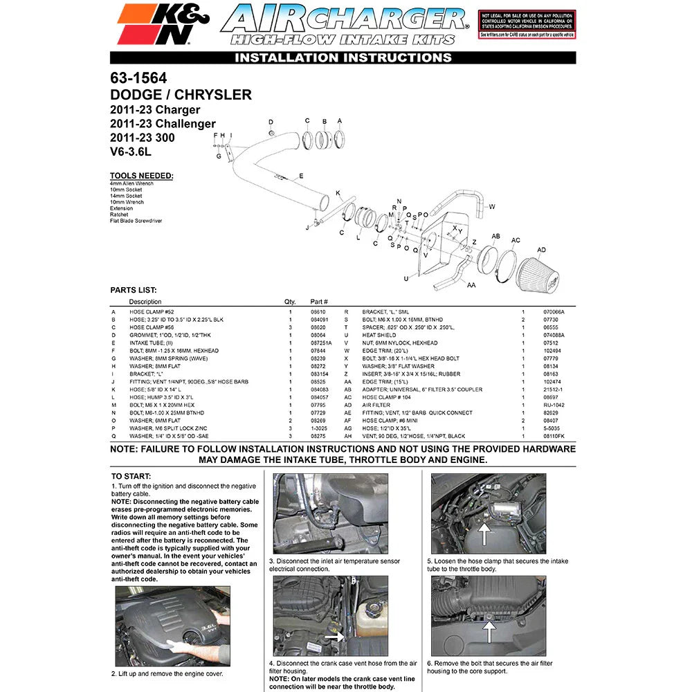 K&N 11-12 Dodge Challenger/Charger / 11-12 Chrysler 300 3.6L V6 AirCharger Performance Intake